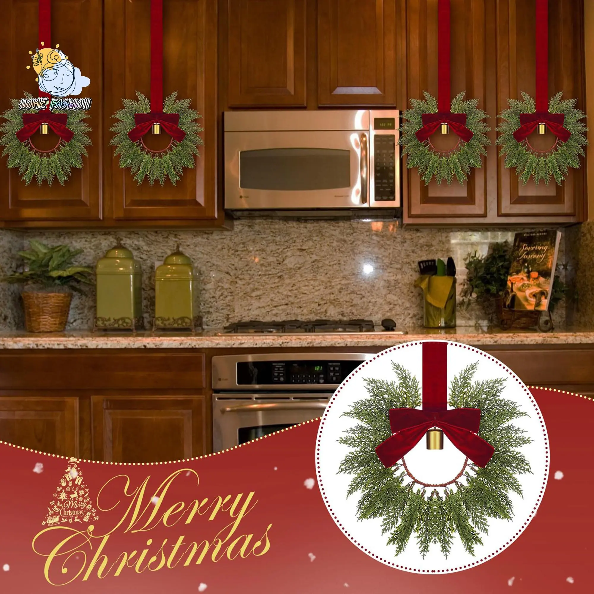 8 Pieces Christmas Cabinet Bow Wreath Decoration Cute Holiday Hanging Ornaments with Bell Party Supplies