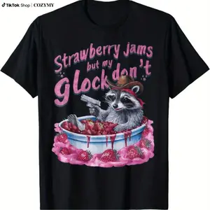 [100% Cotton] Playful Raccoon Cowboy Cotton Tee Featuring Strawberry Jam And Toy Gun Design Golf Gift T-Shirt For Men And Women  Golf Gift T-Shirt For Men and Women