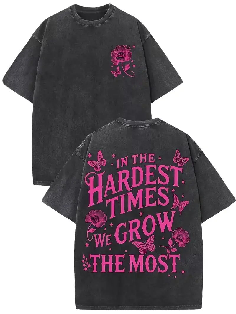 Men's "In The Hardest Times We Grow The Most" Floral Washed Cotton Tee, Butterfly-Print Accent, Street Style Fit, Complements Cargo Pants