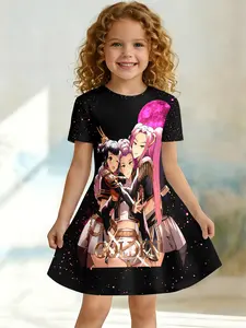 Girls' Cyber Neon Print Hem Dress, Short Sleeve Asymmetrical A-Line Skirt, Casual One-Piece Knee Length, Perfect for Birthday Parties