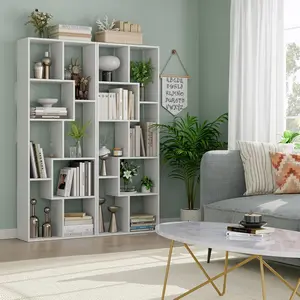 OPUL Asymmetrical Display Shelf & Bookcase - Synthetic Wood and Laminated - 5-Shelf Bookshelf with Geometric Design - Transitional - Wood Book Shelf Storage Shelves for Bedroom, Home Office and Living Room - 70.87-Inch - White