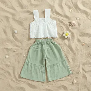 Global Baby Girl 2 Piece Outfits, Floral Lace Sleeveless Crop Tops + Elastic Waist Solid Color Flared Pants Kids Baby Girls Summer Outfit Solid Color Sleeveless Lace Tank Tops and Elastic