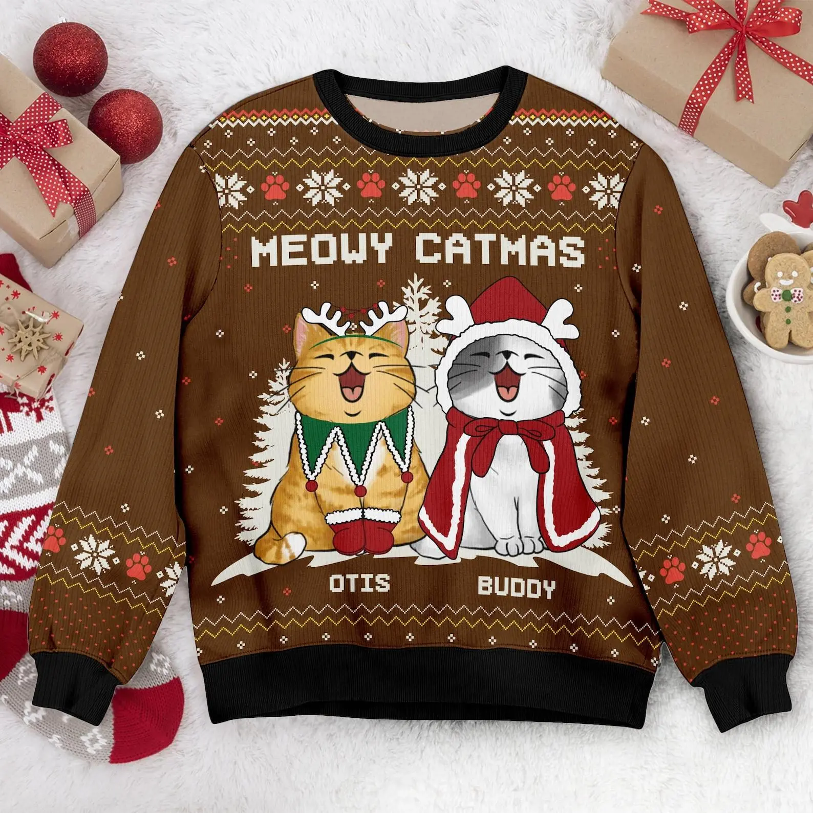 Personalized Cat Meowy Catmas Ugly Christmas Sweater, Custom Cat Ugly Sweater