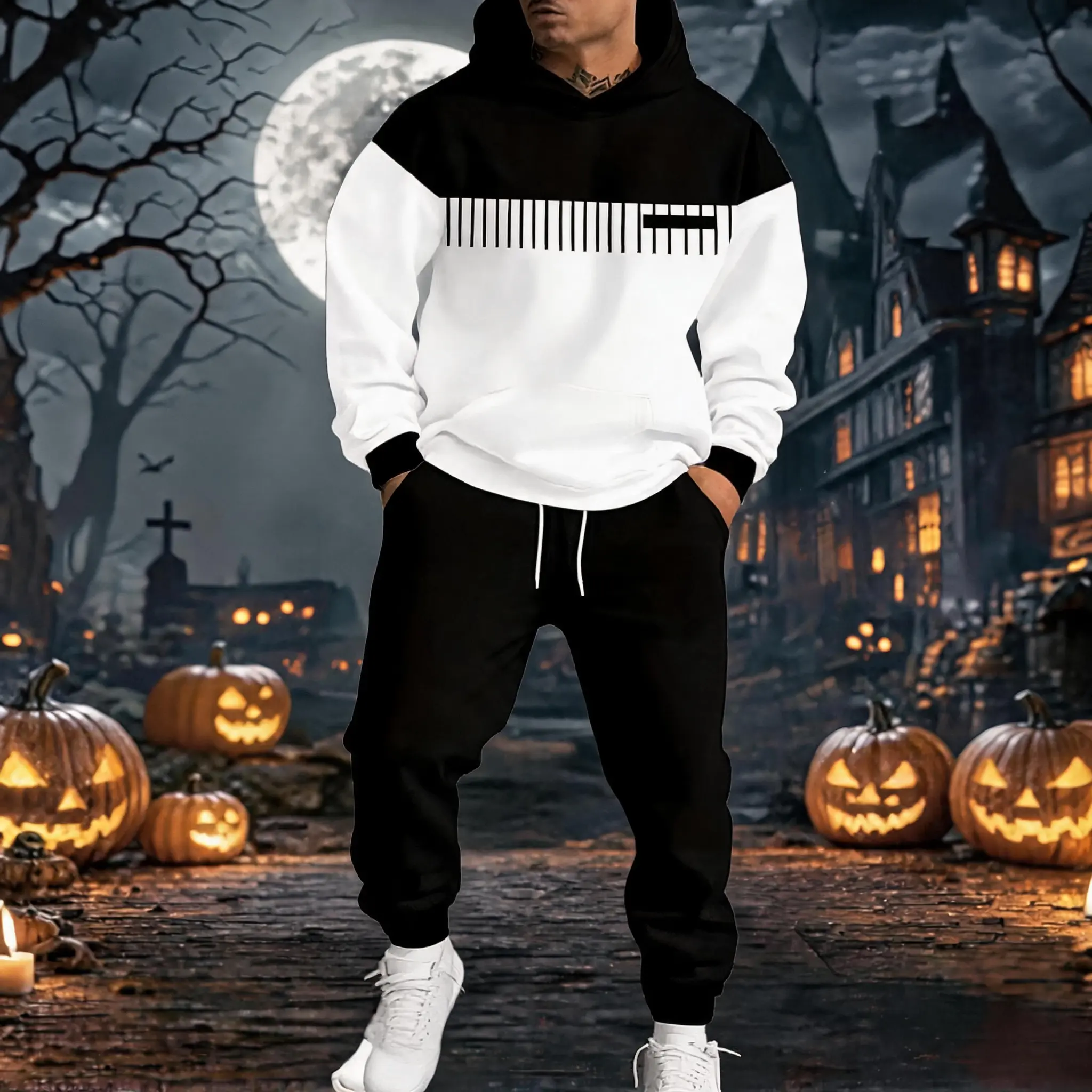 Men's 2-Piece Casual Sports Suit - Geometric Stripe Color Block, Contrast Bind, Hooded Top, Drawstring Joggers, Fitted Cut Streetwear for Daily Fall Wear