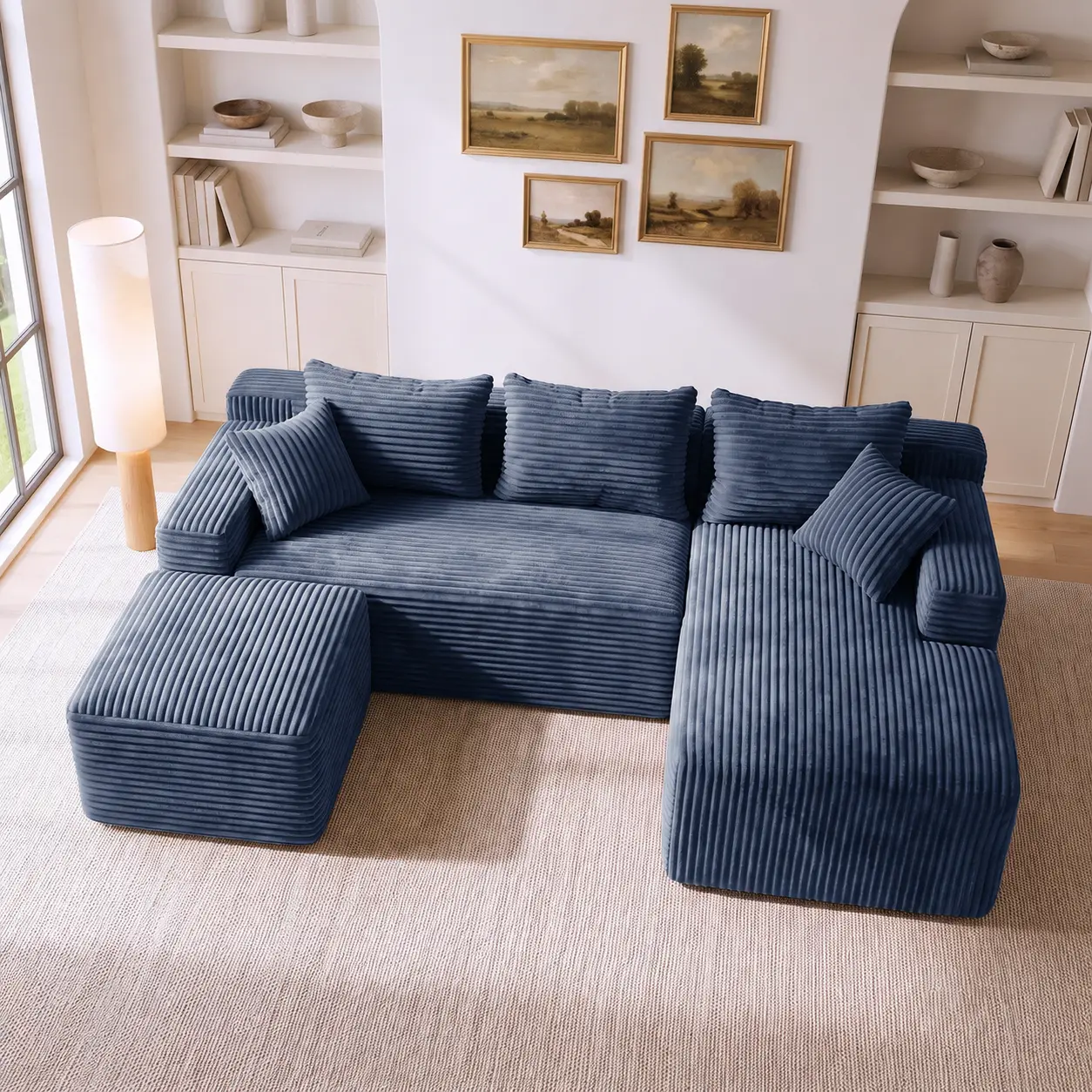 【New Style Drop】【2 Packages Shipping】Yajun Modern Navy Vertical Striped Corduroy Modular L-Shaped Cloud Sectional Sofa with Removable Ottoman, Deep Seat Upholstered Couch for Living Room Apartment Home Decor oversized campingessentials. luxury furniture