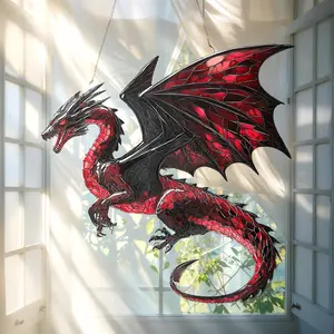 ACRYLIC Red Dragon Suncatcher – Faux Window Hanging – Dramatic Fantasy Decoration