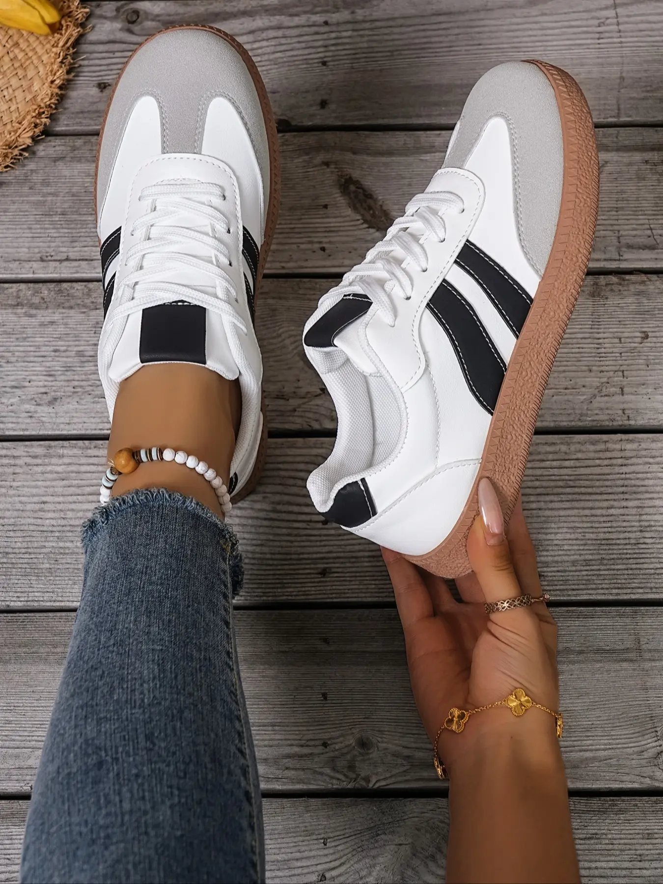 Women's Casual Anti-Slip Skate Shoes, Thick Sole Flat Leather Design, Comfortable Lightweight, Multifunctional Practical, Mink, Trendy Walking Casual Flat Sneakers, Thick Soled Sneakers, Slip Resistant Sneakers, Non Slip Sneakers