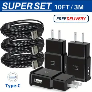 FastFish 3PCS 10FT USB Type C Cord Cable Wall Charger Block 15W For Samsung For Galaxy S23/S23 Ultra/S22/S21/S20/S20+/S10/S10+/S10e/S9/S9+/S8/S8Plus/Edge/Active/Note 8/9/10/20 For Xiaomi For iPhone 15 16 Pro Max Lot