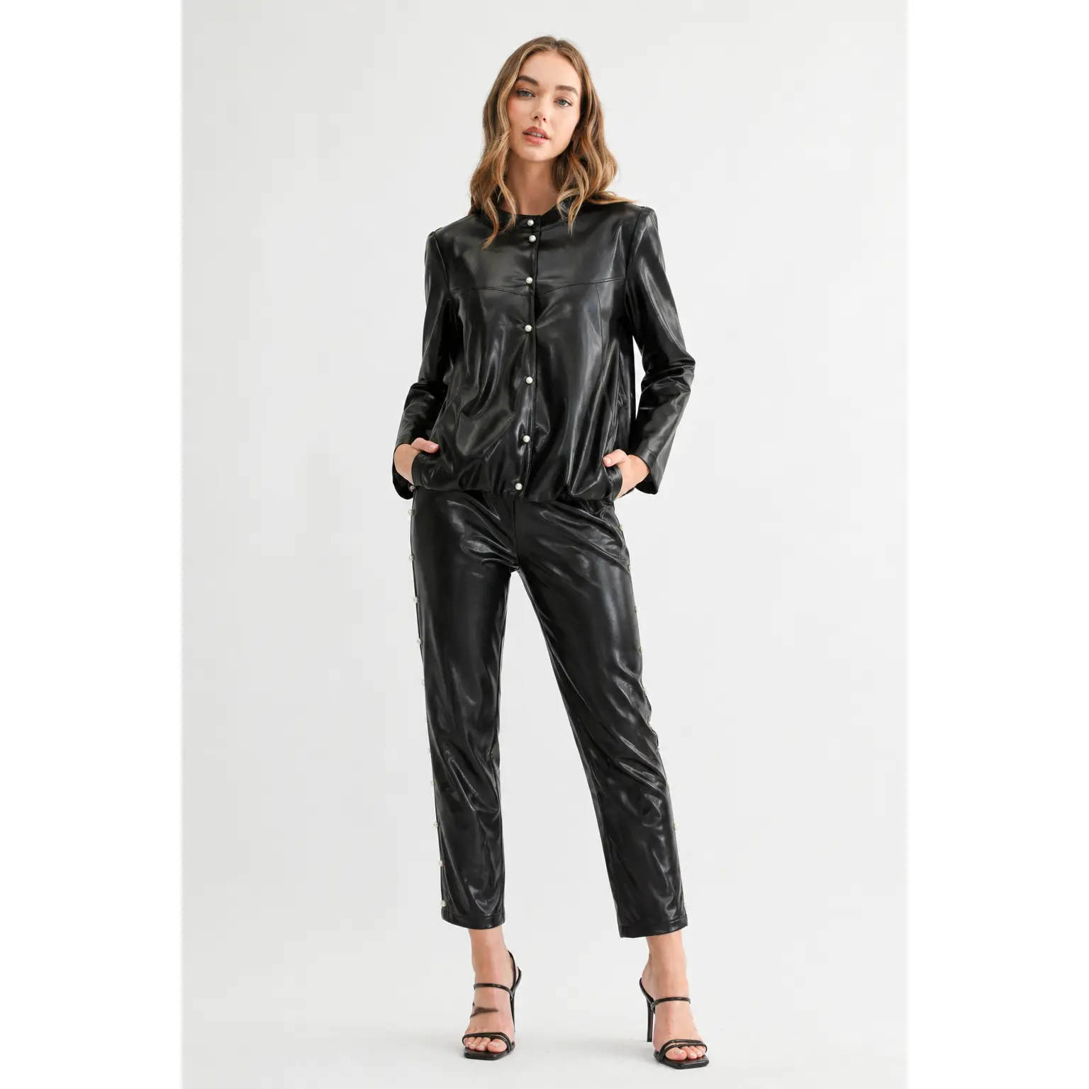 Loretta Stretch Leather Pant w/ Pearls