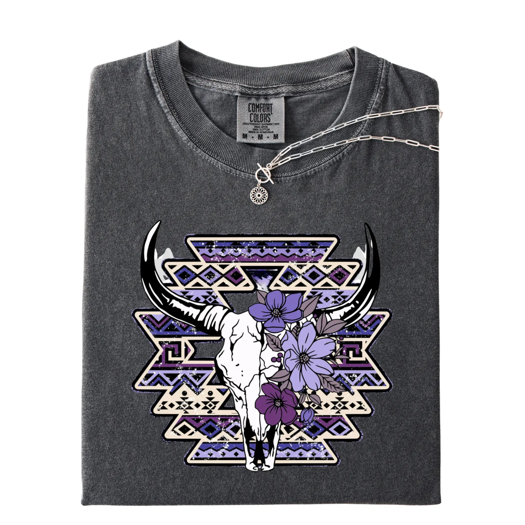 Women's Purple Aztec Cow Skull Printed T-Shirt