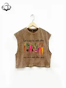 Spring Summer New Veggie Lover T-Shirt Vest, Short Round Neck Loose Fit Cotton Fabric, Cute Radish Letter Sleeveless Top, Plus Size