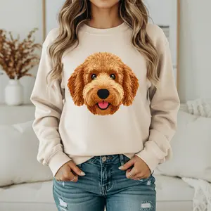 Trending Faux Yarn Dog Faces Sweatshirt for Women Cozy Stylish Dog Print T Shirt & Pullover in Soft Beige