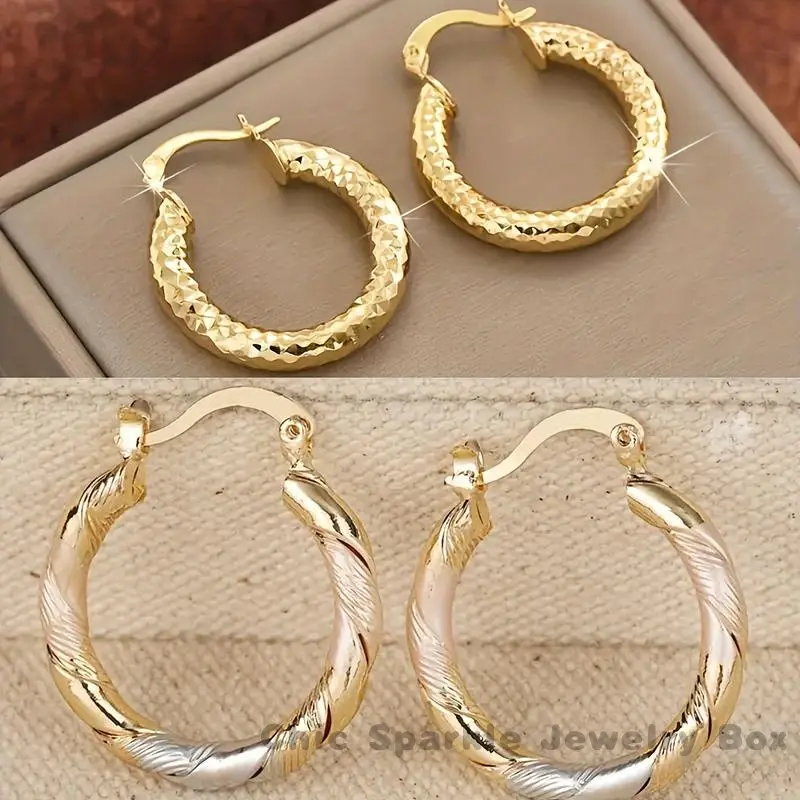 2 Pairs Round Hoop Earrings 14K Gold-plated Copper Twists Men's Jewelry for Party or Birthday Gift
