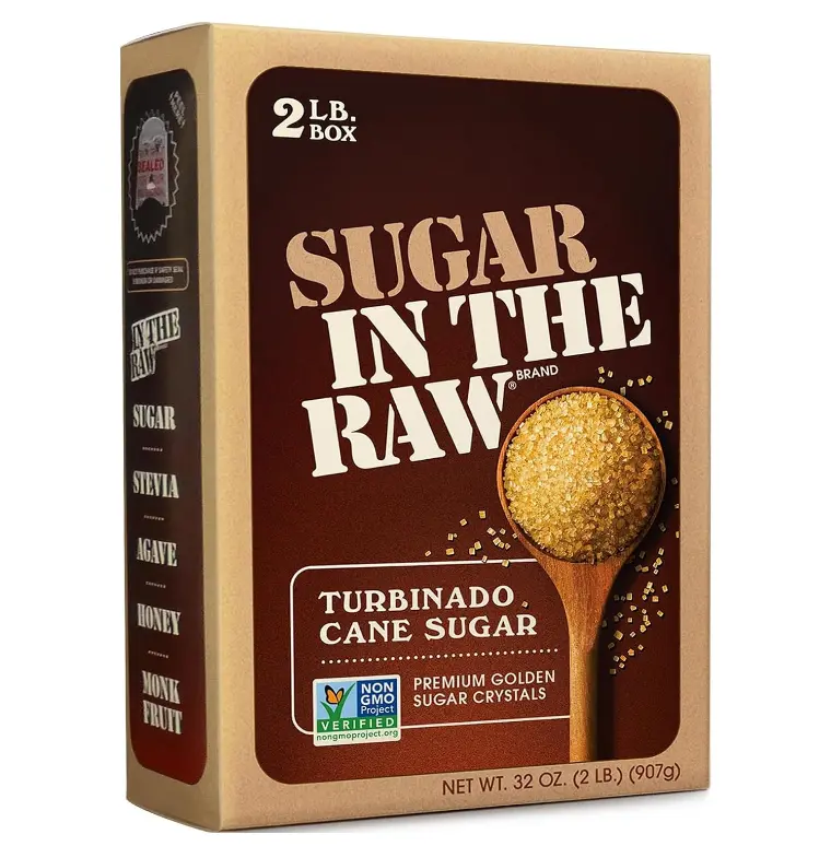 Sugar In The Raw, Granulated Turbinado Cane Sugar, 2 LB Box | Pure, All-Natural Turbinado Sugar, Non-GMO Project Verified, Kosher, Vegan and Gluten Free