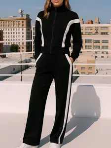 Women's Sporty Comfy Breathable Sportswear Set, Zipper Sports Pants, Colorblock Striped, Autumn Winter Commuter Leisure Set, Outdoor Sports, Athleisure Sweatsuit, Sweatsuit Sets