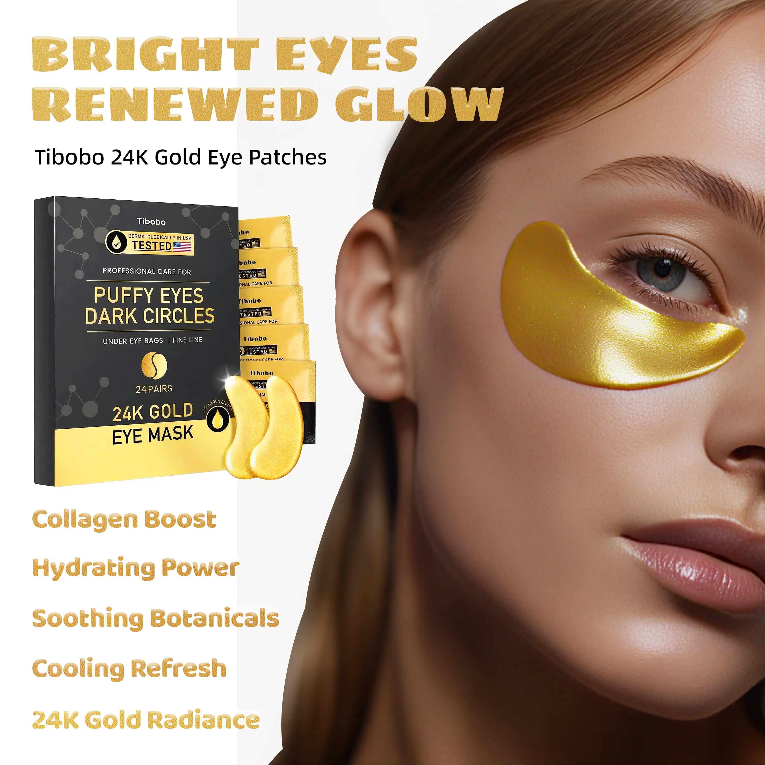 Tibobo 24PCS 24K Gold Eye Patches for Puffy Eyes Treatment,Eye Masks for Dark Circles and Puffiness, Non-lrritating Eye Mask Skincare, Eyes Bags Treat