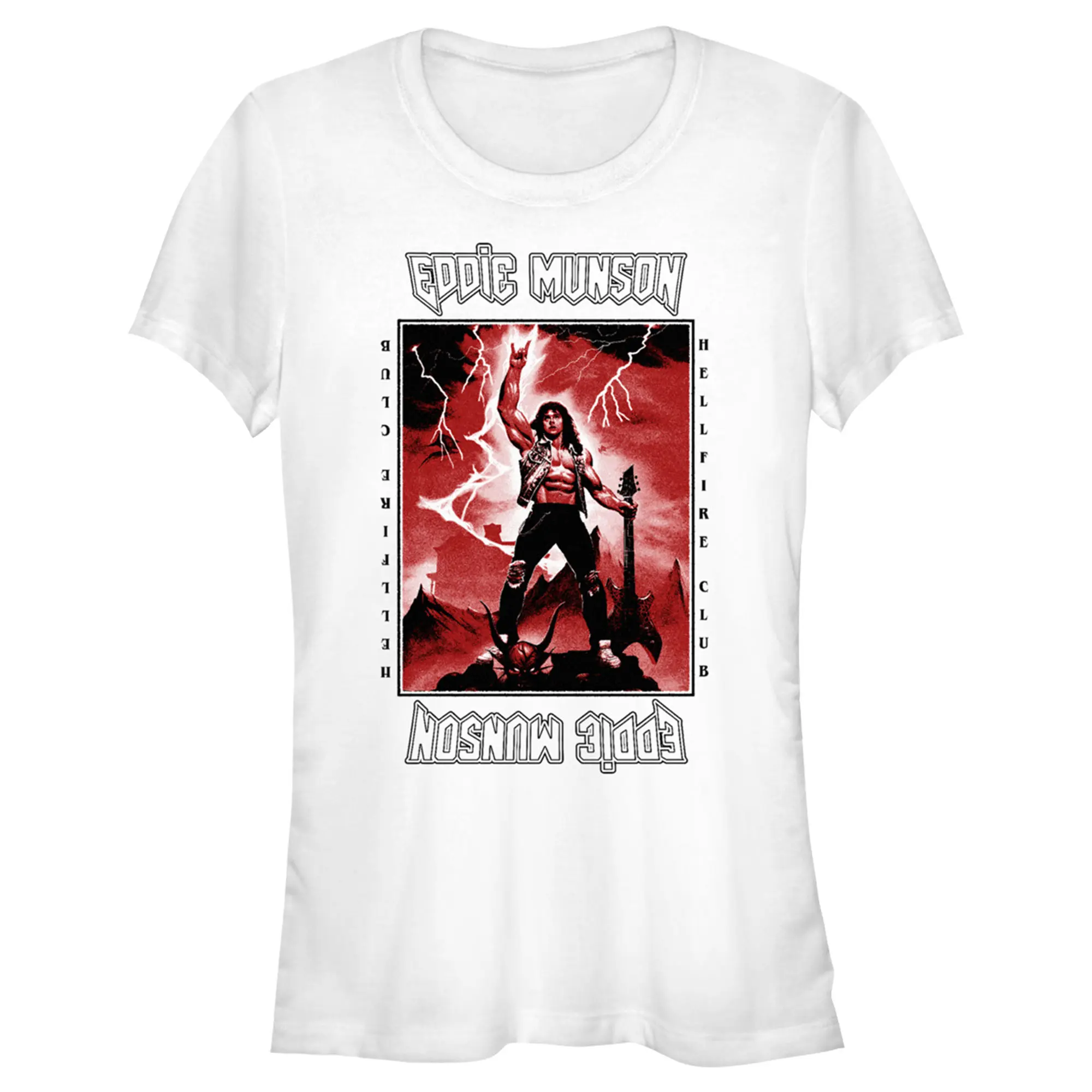 Juniors Womens Stranger Things White Hellfire Club Rockstar Eddie Munson T-Shirt