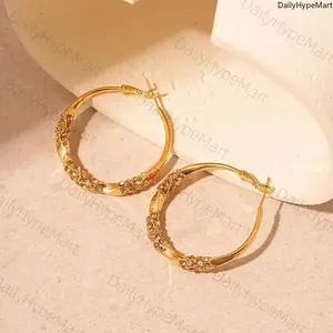 14K Gold Plated Twisted Chunky Hoop Earrings, Minimalist Crystal Accent Jewelry for Women