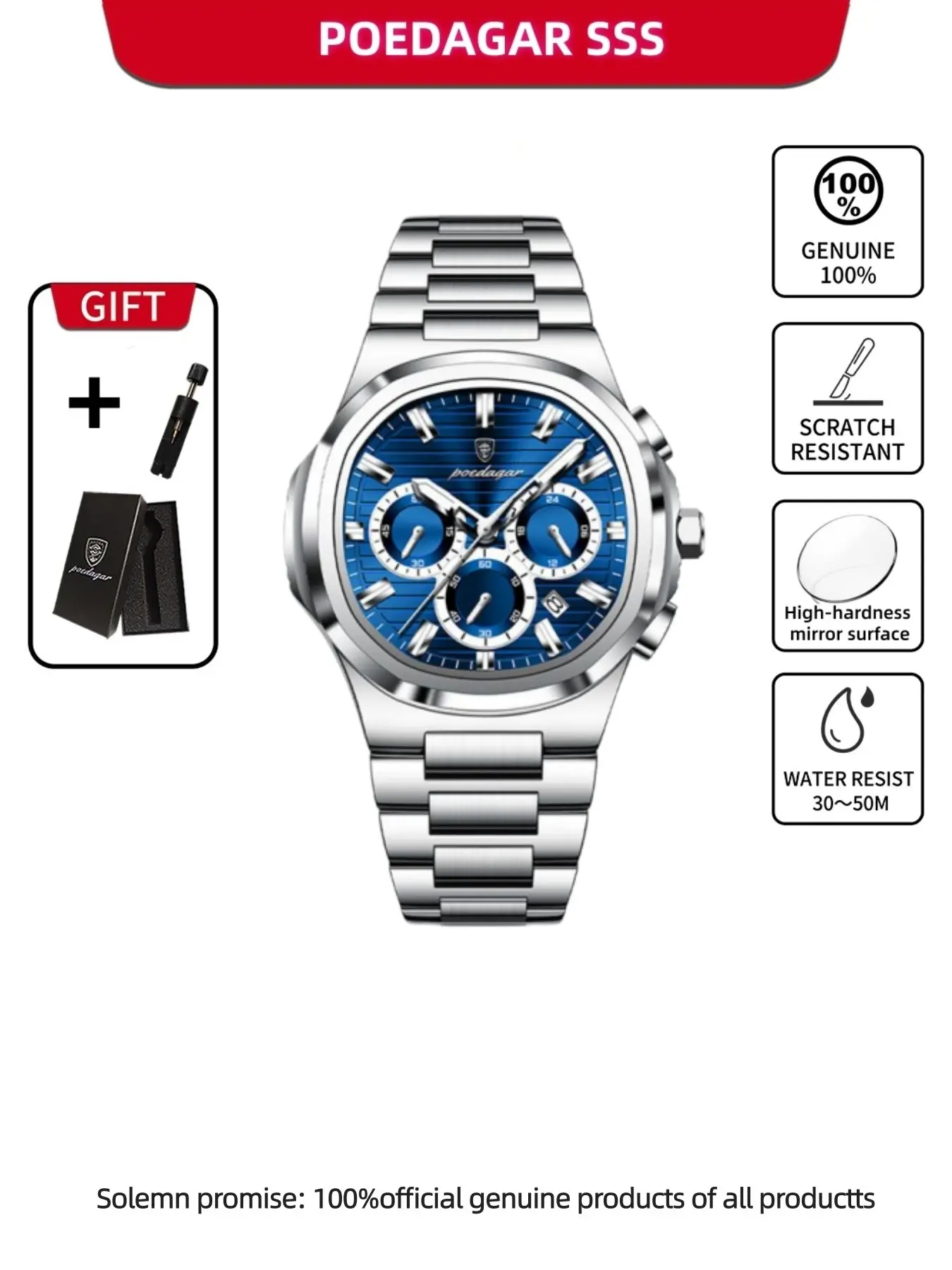 Poedagar Business Man Wristwatch, Date Chronograph, Waterproof, Luminous, Multifunctional Watch, Quartz Analog Timepiece, Stainless Steel, Quartz, Men's Watches, Business Fashion Watches, Luminous Analog Watch, High Quality Watches