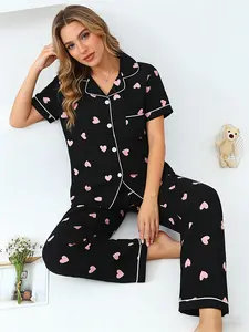 Aesthetic Black Pink Heart Pajama Set Women, Button Down Short Sleeve Long Pants, Spring Summer Cozy Homewear, Heart Print, Relaxed Fit Loungewear