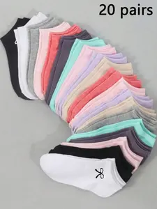 20 Pairs Women's Bow Pattern Candy Color Ankle Socks, 20 Pairs, Sweet Cute Simple Fitted Comfort Casual, Perfect for Daily Wear, Sports, Travel, College Style