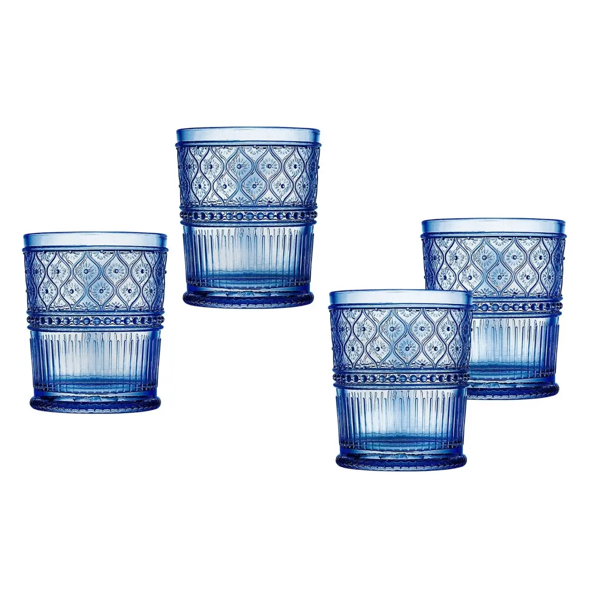212 MAIN 4-Piece 12oz Unleaded Claro Double Old Fashion Glassware Set - Vintage Embossed Texture Blue Goblets with Crystals, Coordinating Designs, Modern Kitchen Drinkware for Party Hosts, Brightening Your Everyday Use, Four Pieces