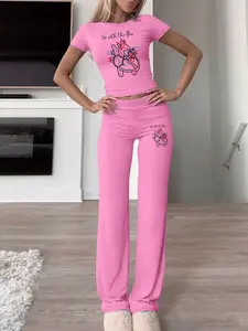 Hearts Graphic Printed 2 Piece Thin Fabric Women's Crop Top Set , Casual Short Sleeve Tee & Long Flare Pants, Summer Fall Fashion, All Seasons Wear Outfit
