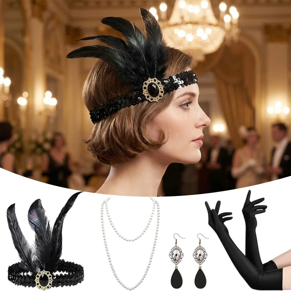 4-Piece Accessories Set for Women, Roaring 20s Flapper Style Costume with Stretchy Gloves, Necklace & Feather Headband, Vintage Style, Elegant, Lady, Chic, Art Deco, Glamorous, Prop, Long Gloves, Party, Adult, Holiday, One-Size-Fit, Flapper Theme