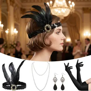 4 pack 1920s Flapper Great Gatsby Accessories Set with Headband Beaded Necklaces Earrings Gloves for Halloween Party Cosplay