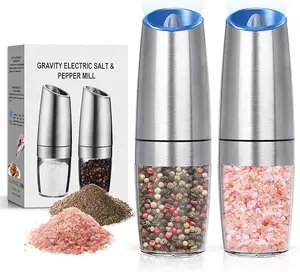 Gravity Electric Pepper and Salt Grinder Set, Adjustable Coarseness, Automatic Shakers Mill Grinder with LED Light, Battery Powered, Upgraded Larger Capacity, One Hand Operated (Sliver 2 Pack)