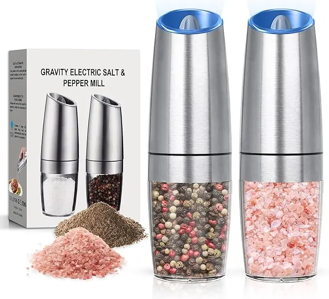 2-Pack Silver Gravity Electric Pepper and Salt Grinder Set - Adjustable Coarseness, Automatic LED Light Mill, Battery-Powered, 1-Hand Operated, Upgraded Larger Capacity Kitchen Utensils