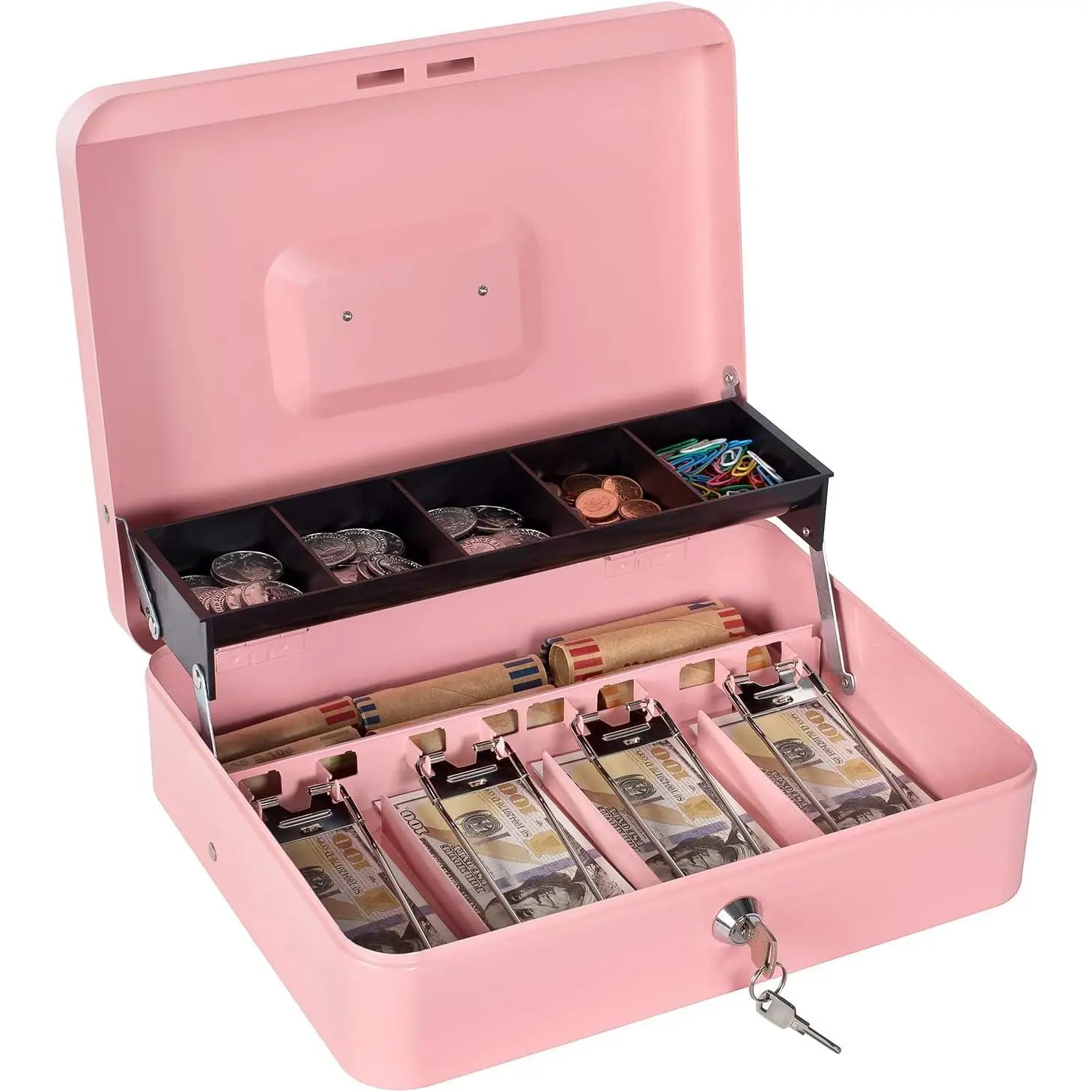 Box with  Tray and Lock - Metal  Box for  Register, Large Lock Box for  Safe 11.8" x 9.4" x 3.54" Pink