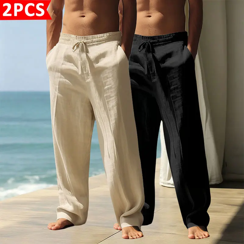 Men's Plain Casual Minimalist Trousers - Airy Linens Men's Pants, Breathable Lightweight Fabric, Drawstring Elastic Waistband, Straight Cut with Fluid Drape, Suitable for Summer Vacations, Everyday Wear