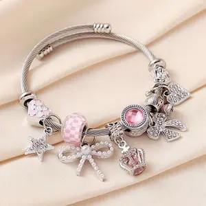 Rhinestone Crown & Bow & Heart Charm Decor Cuff Bangle, Elegant Jewelry for Women for Party, Daily Clothing Decor, Trendy All-match & Exquisite Jewelry for Gift