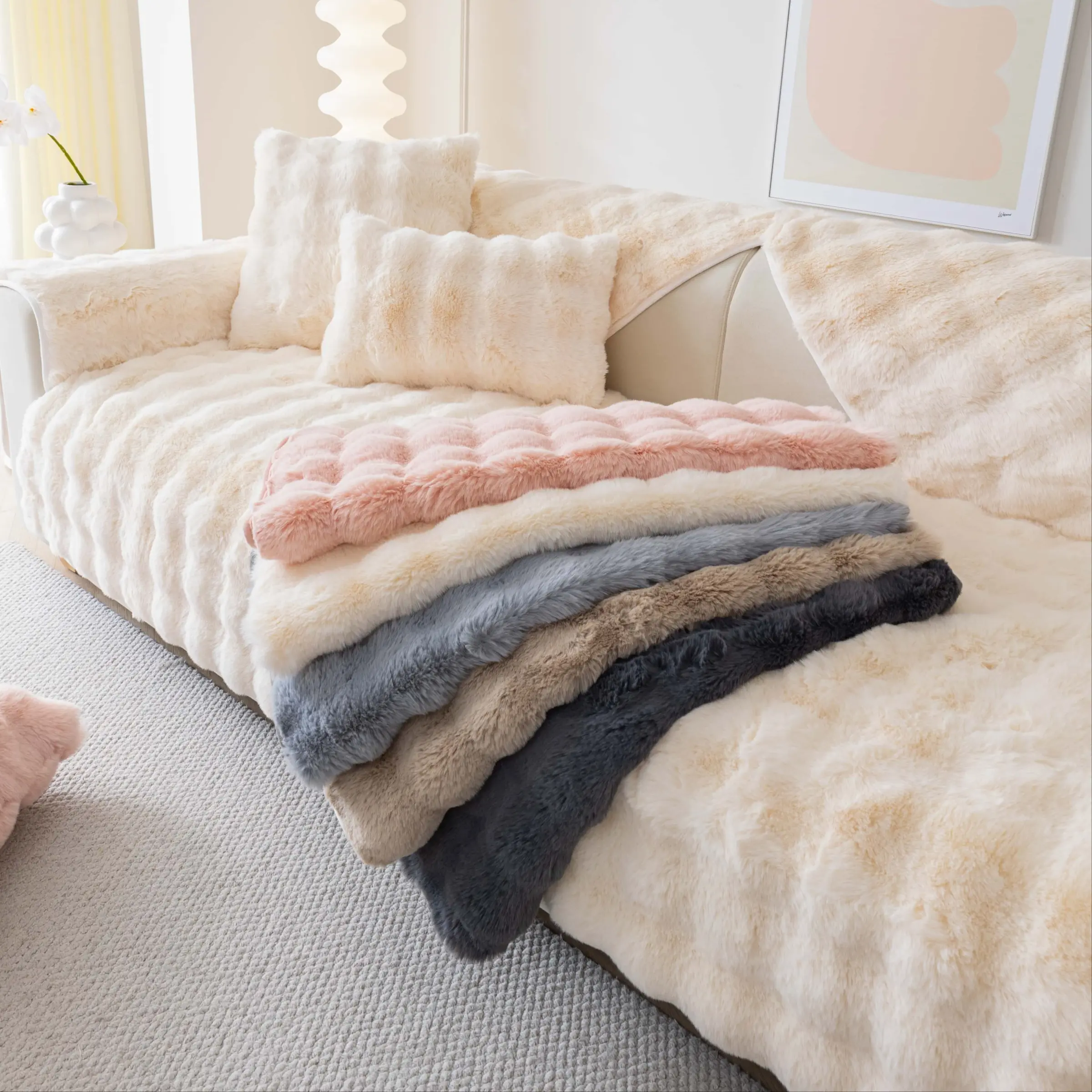 Solid colour Plush sofa cushion cover,1 Pc Non Slip Washable Couch Cushion Cover Pad, Pet Friendly Sofa Protector, Soft Warm Furniture Slipcover for Armchair, Loveseat, Sectional, Home Sofa Decor, Decorative Sofa Protector, Sofa Couch Covers