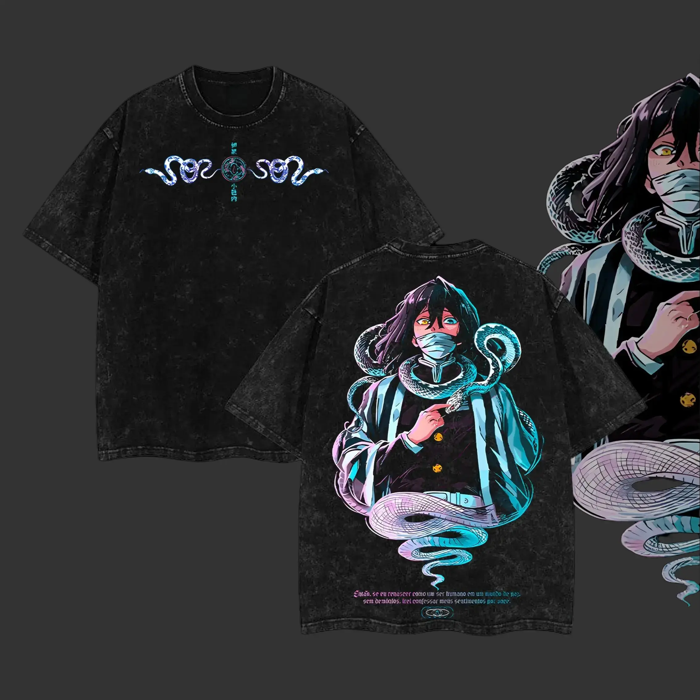 Oversized Demon Slayer T-Shirt, Men's Vintage Acid Wash Obanai Graphic Shortsleeve Top, Baggy 230gsm Cotton Heavyweight Streetwear Apparel