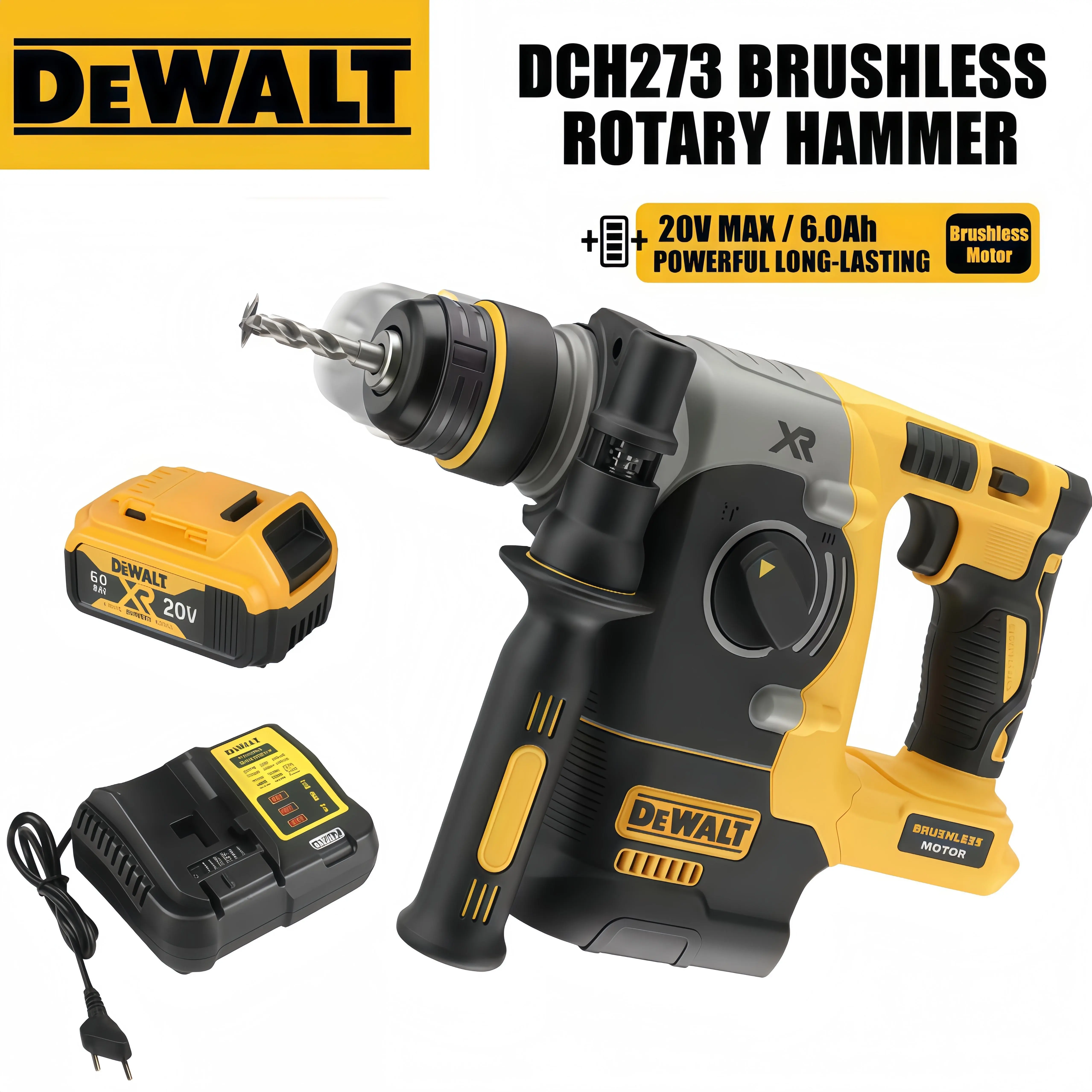 Dewalt DCH273 20V Brushless Rotary Hammer - Professional Multi-Mode Masonry Power Tool for Decoration Teams, with 2.1J Steady Impact Force, 3 Working Modes, Active Vibration Reduction System