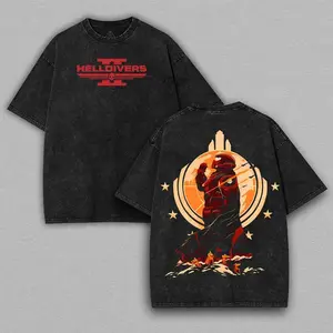 Helldivers 2 Fan Art Game Washed Tshirt 2 Sided Cotton Oversize unisex Black friday deal helldivers game shirt soft graphic tee Fabric Menswear Tops clothing merch