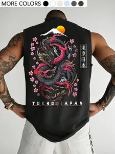 Men's Japanese Street Style Sleeveless Muscle Vest, Tokyo Dragon Tattoo & Fuji Mountain Cherry Blossom Print, Summer Gym Beach Casual Wear