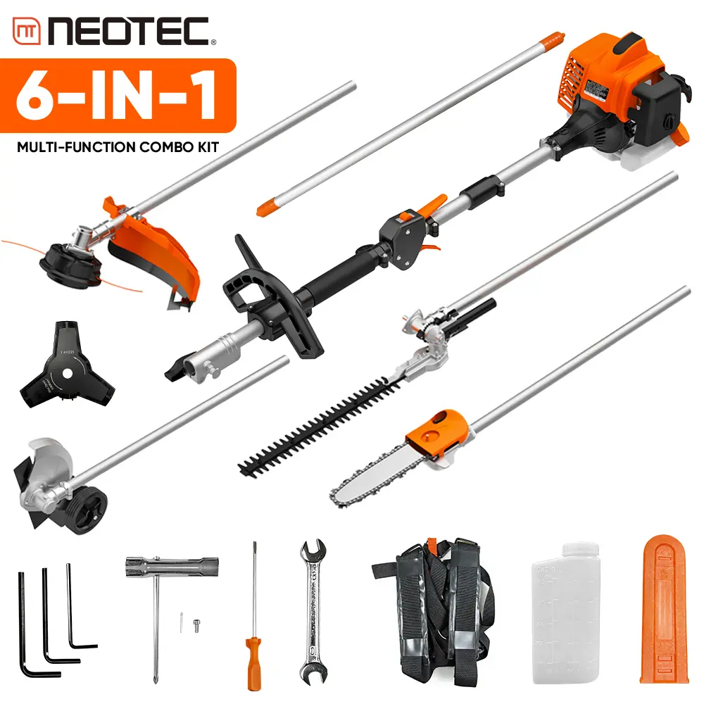 【summerfinds】NEOTEC 6-in-1 Multifunctional Gas-Powered Garden Tool Set,  26cc Weed Eater Combo for Grass Trimming, Brush Cutting, Hedge Shaping, High Branch Scissor, Tree Pruning & Lawn Edging
