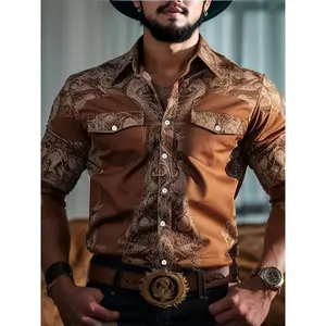 menswear       Men'S Western Cowboy Style Long Sleeve Button-Up Shirt - Beige with Star Design, Casual Lapel Collar, Versatile for All Seasons, Casual Attire | Stylish Long Sleeve | Durable Fabri