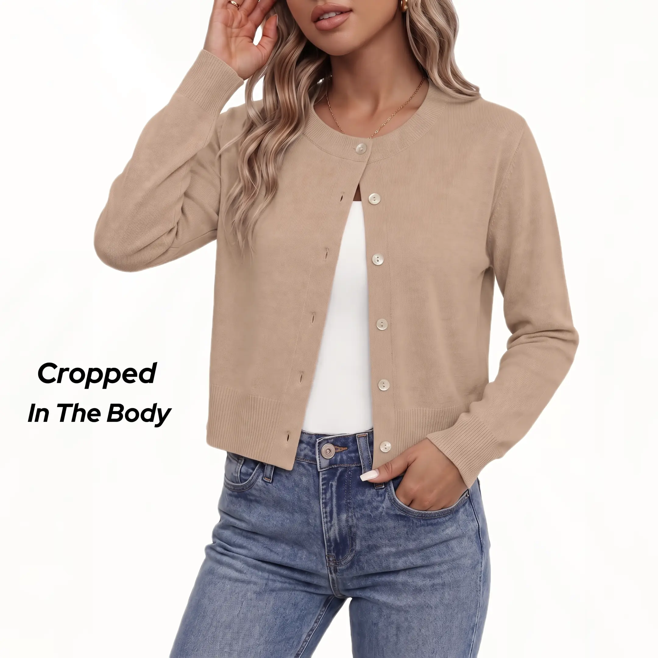Women's Cropped Viscose Knit Cardigan Sweater - Button-Down Crew Neck, Breathable Lightweight Fabric, Cute 2026 Trendy Fall Spring Top for Casual Office Layering & Business Dressy Outfits