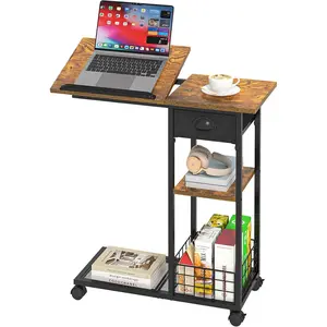 C Shaped End Table with Storage Basket, Tiltable & Large Tabletop Side Table with Drawer, Bedside Table with Wheels, Rolling C Table for Living Room, Bedroom, Bedside, Rustic Brown and Black