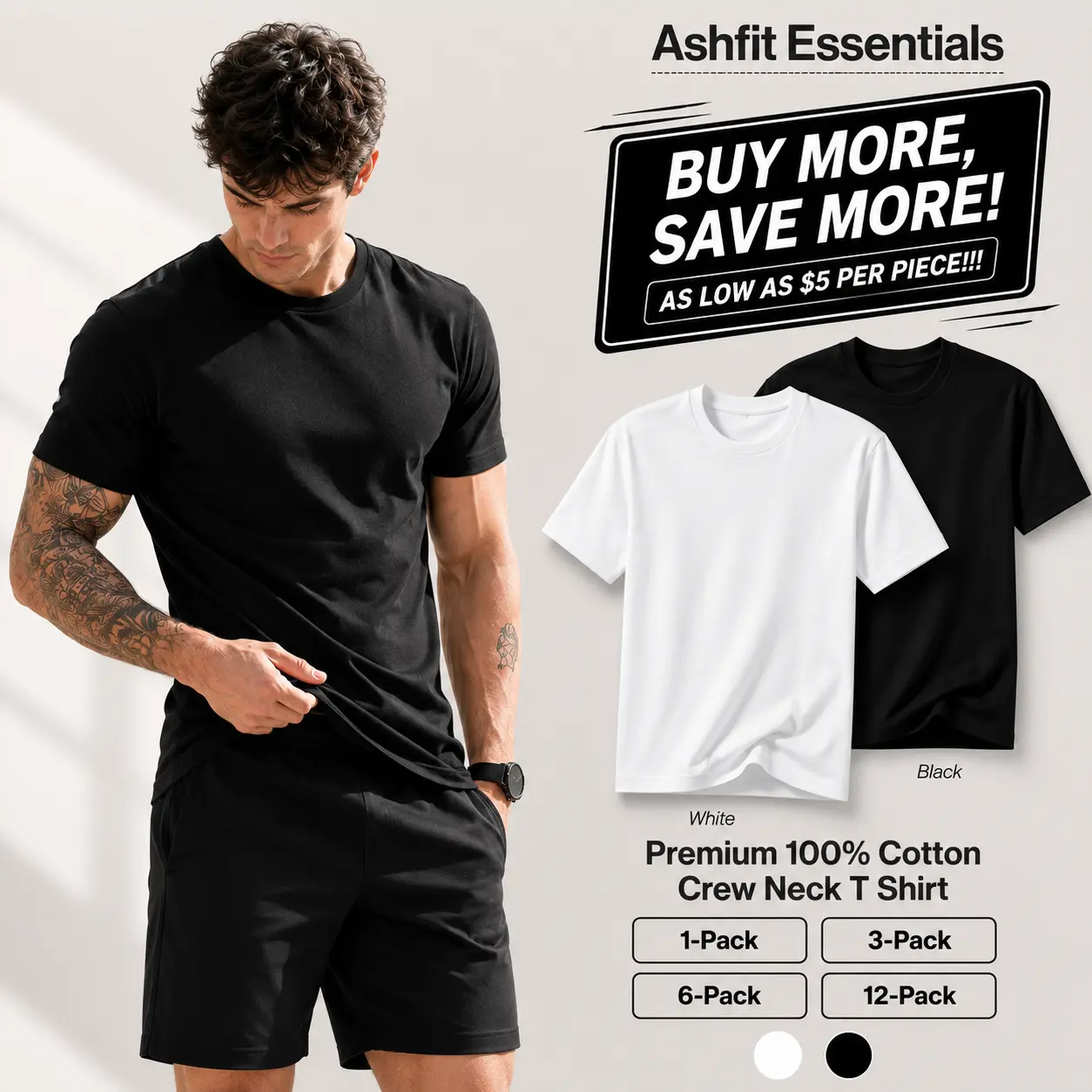 [Ashfit Essentials] Mens 1/2/3/6/12-Pack Premium 100% Cotton Crew Neck Short-Sleeve T-Shirts Bulk, Minimalist Ultra-Soft Breathable Blank Plain Tee, Classic Comfort Fit Everyday Basic Underlayer Top