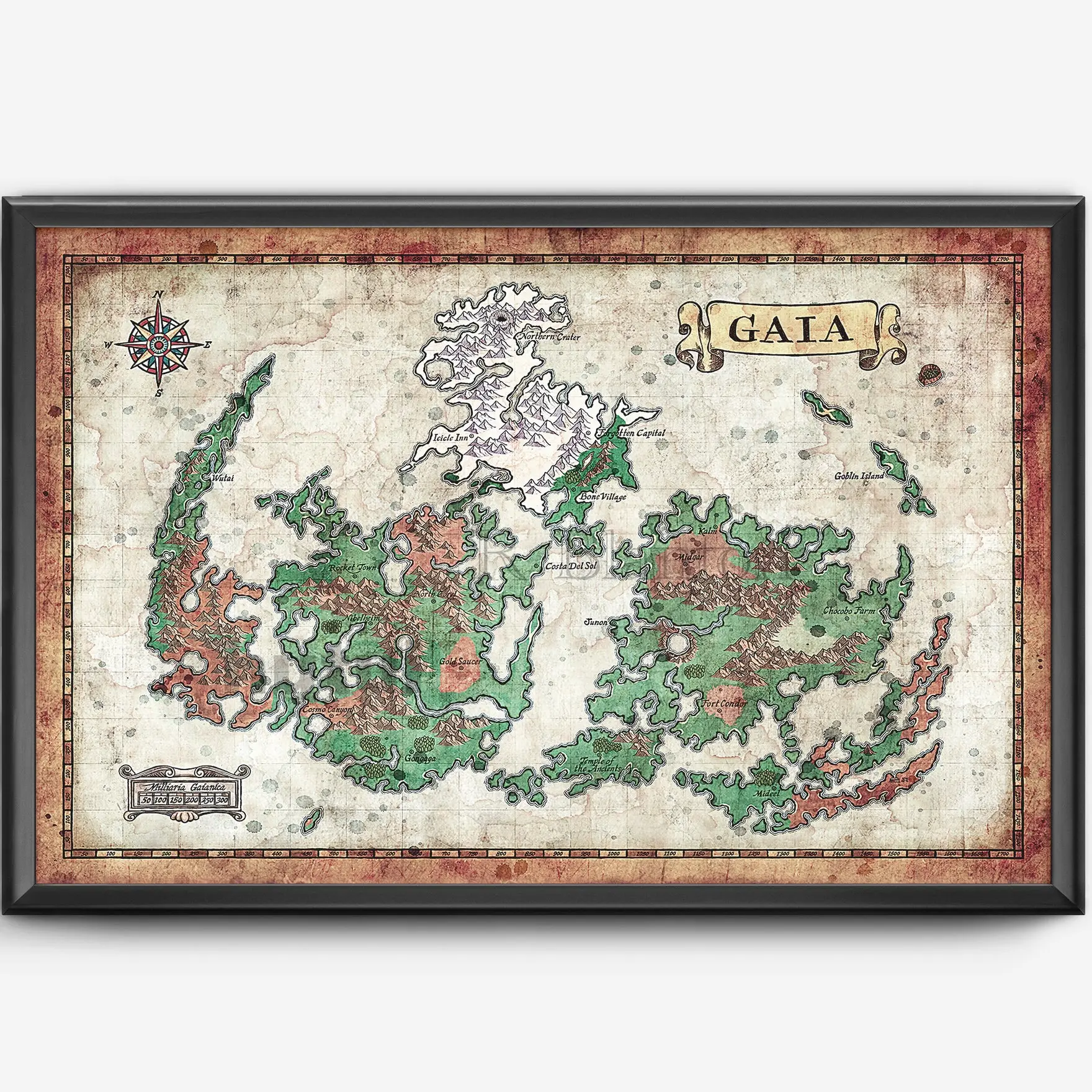 Map of Gaia From Final Fantasy VII Game Poster, FF7 World Map Video Game Posters