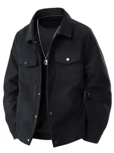 Men's Corduroy Work Jacket Coats with Multi-Pocket Flap Design, Casual Long Sleeve Button Collar, Polyester Material