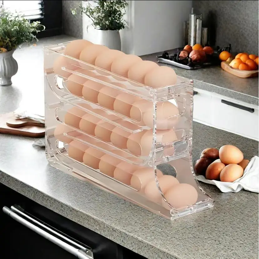 One-pack, 4-layer transparent egg storage box, automatic egg dispenser, space-saving 4-layer egg stand, larger egg storage rack