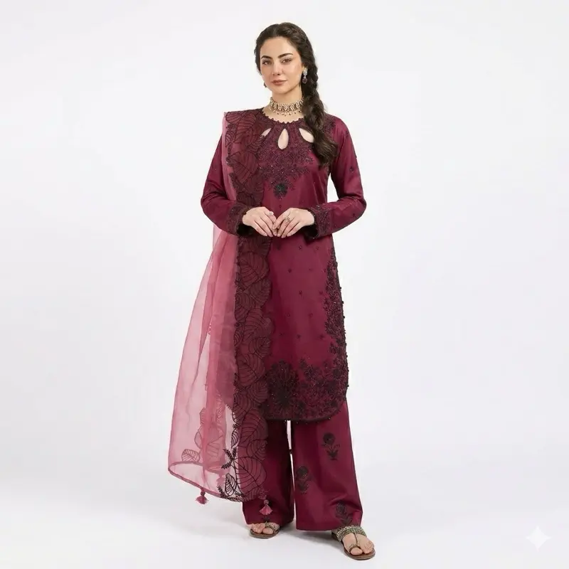 Women’s Panjabi Suit for Party Wear - Berry Color with Embroidery - Original Trouser - Gamis  Womenswear Pants Clothes Top