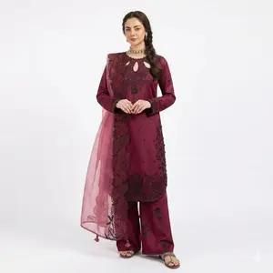 Women’s Panjabi Suit for Party Wear - Berry Color with Embroidery - Original Trouser - Gamis  Womenswear Pants Clothes Top