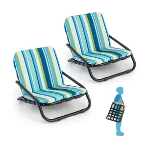 COSTWAY - 2 Pack Low Folding Beach Chairs for Adults with Cushion-Blue
